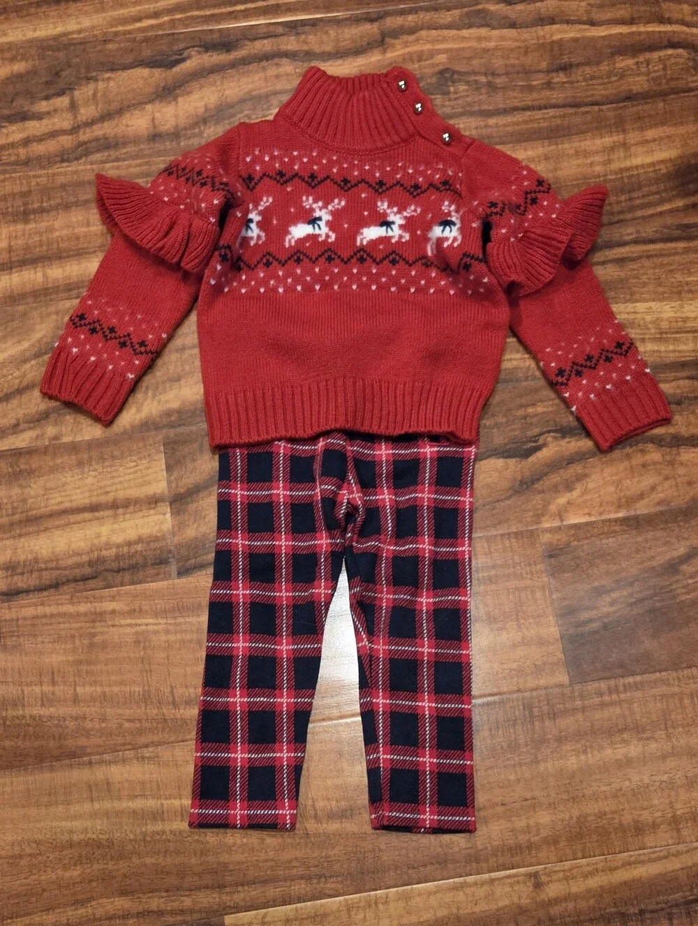 Janie and Jack EUC 18-24 Months Red Reindeer Sweater & Red/Navy Plaid Pants